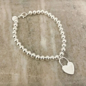 925 Sterling Silver Bead Bracelet Thick Chunky Heart Bracelet Dangle Heart